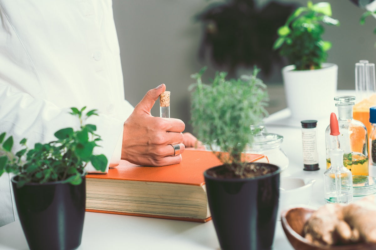 Laetitia Experten mit Reagenzglas in der Hand, Arztkittel, auf dem Tisch Heilkräuter und ein Buch